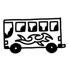 Edgy hand-drawn bus with bold swirls, black-and-white street art style, urban vibe © Dani