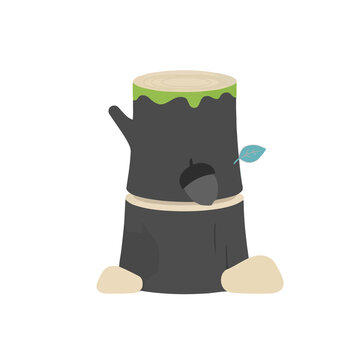 Cartoon tree stump with acorn and leaf