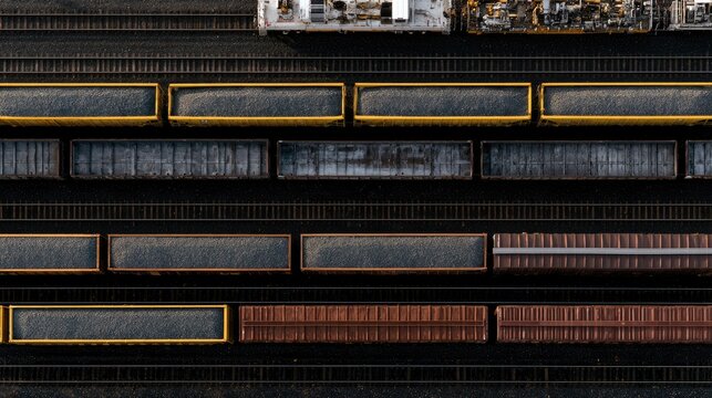 Aerial View of Freight Trains Lined Up on Tracks.