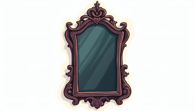 Vintage baroque mirror illustration with ornate dark brown wooden frame isolated on white