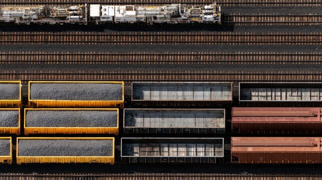 Aerial View of Freight Trains and Cargo Wagons Lined Up on Tracks.