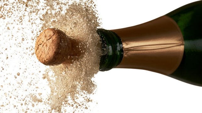 Champagne bottle popping cork with an explosion of bubbles and splash, isolated on white background