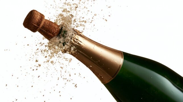 Champagne bottle popping its cork with liquid splash isolated on white background