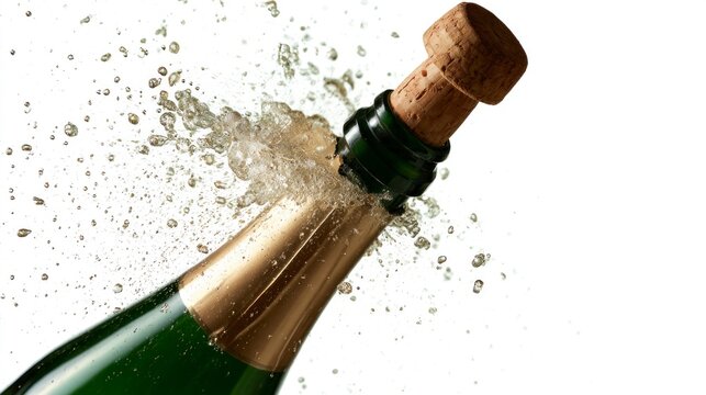Champagne bottle popping its cork with a spray of bubbles isolated on a white background