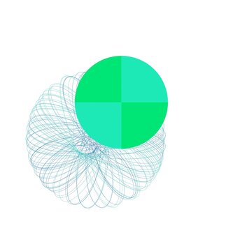 Minimalist geometric abstract art, green circular composition on white background, modern spirograph line drawing with vibrant teal sphere