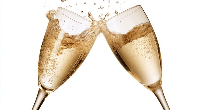 Two Champagne Flutes Clinking in a Toast with Splashing Liquid and Bubbles Isolated on White Background