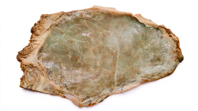 Moldy piece of food with green and white fungal growth isolated on white background