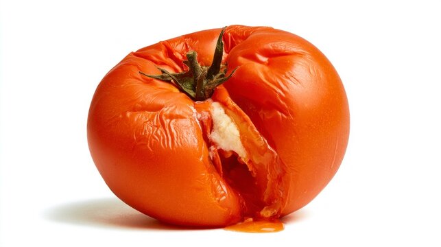 Rotten and Decaying Red Tomato with White Mold and Wrinkled Skin Isolated on White Background