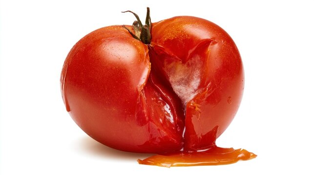 Rotten Red Tomato Split Open Leaking Juice and Pulp Isolated on White Background