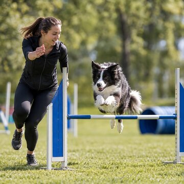 Woman training border collie during dog agility jump outdoors