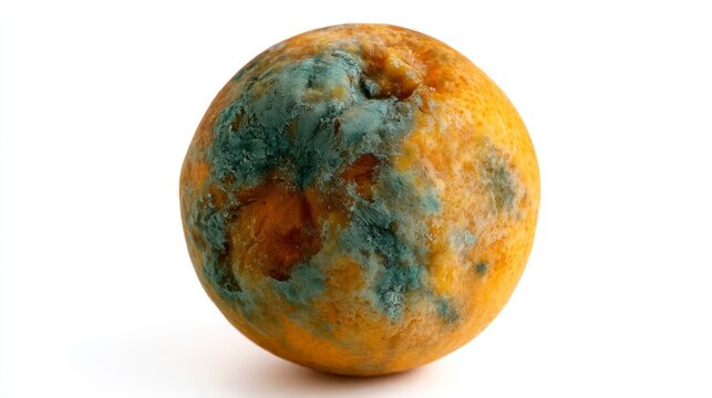 Single moldy orange covered in blue and green fungus isolated on a white background