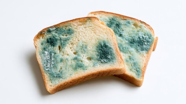 Two slices of moldy white bread showing extensive green and white fungal growth, isolated on a white background.
