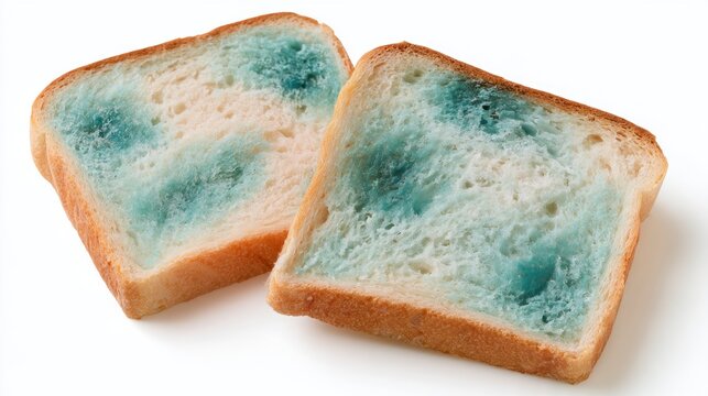 Two slices of moldy white bread isolated on a white background