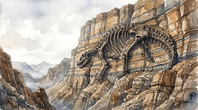 Enormous Petrified Creature Skeleton Embedded in a Mountain Cliff