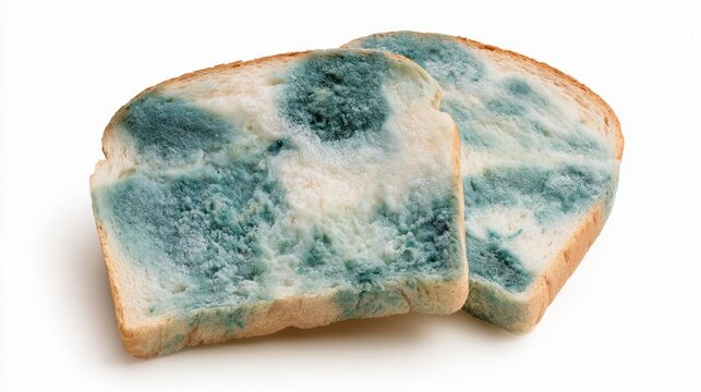 Spoiled and moldy slices of white bread showing extensive fungal growth isolated on white background