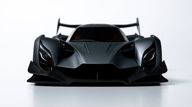 Front View of a Sleek Futuristic Dark Grey Hypercar with Aggressive Aerodynamics on a White Studio Background