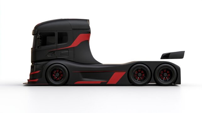 Modern Sleek Black Semi-Truck with Red Accents, Profile View Isolated on White Background