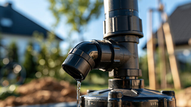 Close up of an artesian water well system installed outdoors bright clean garden setting soft daylight clear sky clean water supply for home and gardening use residential