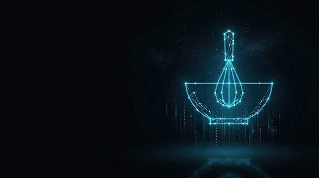 Stunning glowing blue wireframe hologram of an AI neural network brain microchip against dark space, perfect for AI, digital science, and high-tech innovation projects