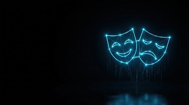 Glowing blue wireframe comedy and tragedy masks on dark tech background ideal for AI, machine learning, and futuristic digital innovation projects.