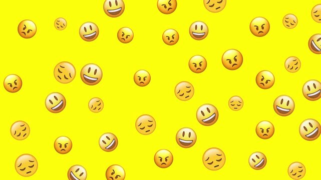 Seamless pattern of various emoji faces on bright yellow background