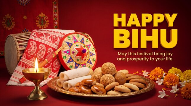 eeting poster with drum (dhol, onoinya) decorated with gamosa, japi (bamboo hat) and sweets (laddu, pitha, gujiya) for North Indian Assamese New Year (and harvest) festival Rongali (Bohag