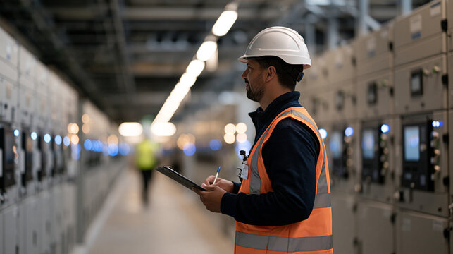 Rows of modular lithium iron phosphate battery cabinets inside a newly commissioned grid-scale energy storage facility, a project manager with a clipboard walking the aisle during