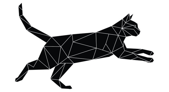 Polygonal feline silhouette depicts a running cat black on white background