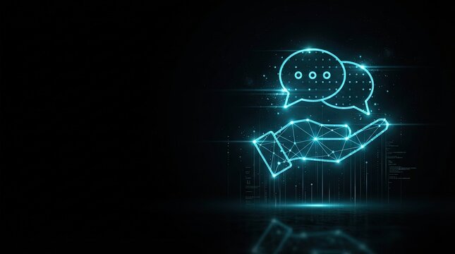 Stunning 3D glowing blue wireframe handshake hologram symbolizing AI, machine learning, and futuristic tech innovation for digital science projects.