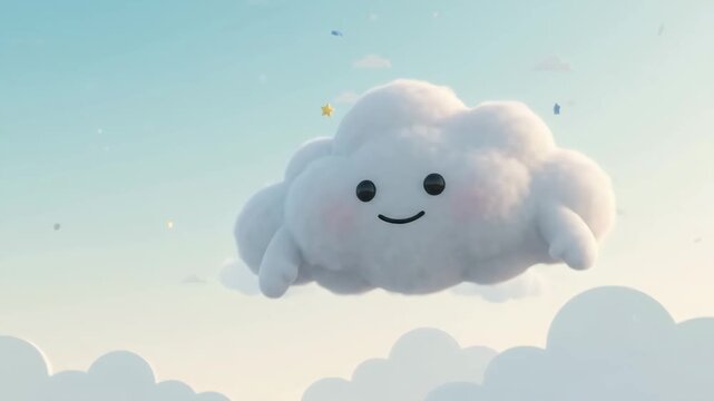 A cute smiling fluffy cloud floating in a clear blue sky with gentle sunshine and whimsical atmosphere
