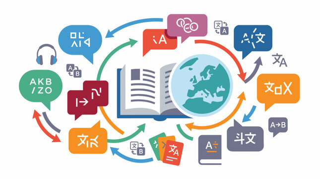 Global language translation concept with speech bubbles, world globe, and open book icon.