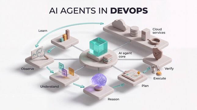 AI agent in DevOps, 3D isometric diagram of the observe, understand, reason, plan, execute and verify loop
