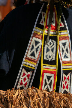 Geometric appliqu&eacute; patterns decorate fabric bands on a Dan tribe ceremonial costume, Bafing, Gboni, Ivory Coast