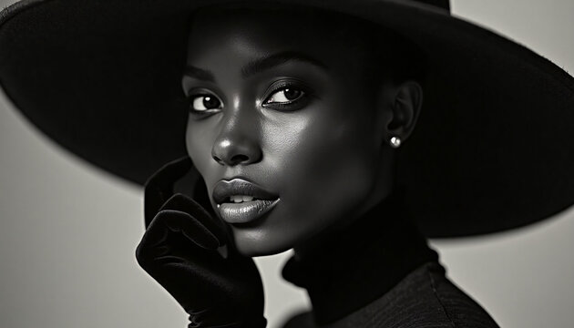Black and white studio portrait of elegant African woman in wide brim hat and velvet gloves