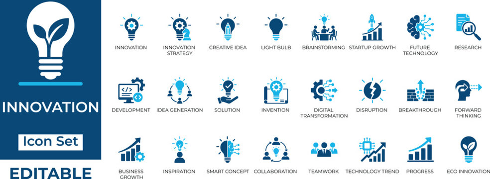 Innovation icon set. Containing creative idea, brainstorming, digital transformation, startup growth and future technology icons. Solid icon collection.
