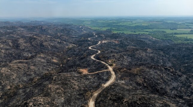 Aerial view of a vast landscape scorched by a wildfire, featuring a winding dirt road cutting through the blackened, burnt hills and vegetation under a hazy sky
