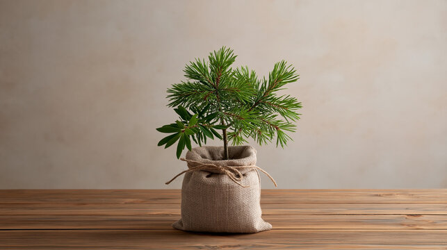 Small evergreen tree wrapped in burlap bag on wooden table against neutral background with copy space