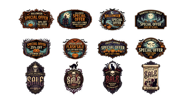 Set of Halloween Sale Badges and Special Offer Labels, Vintage Spooky Stickers with Skulls, Pumpkins, and Black Cats for Autumn Holiday Promotions
