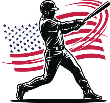 Baseball Player Swinging Bat with American Flag Background Silhouette Vector
