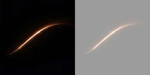 Glowing golden wave light trail with sparks. S-curve orange energy streak on black and transparent background. Abstract magic wave design element © Inna