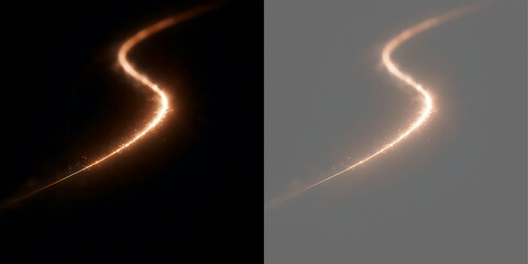 Golden glowing light trail with sparkles. S-curve orange neon wave on black and transparent background. Abstract magic energy streak design element © Inna