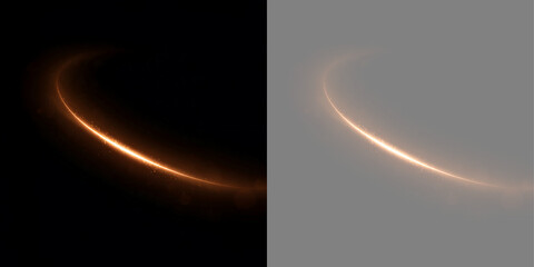 Golden glowing circular light trail. Orange neon ring arc with sparkles on black and transparent background. Abstract magic energy orbit design element © Inna