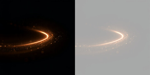 Glowing golden light trail forming a circular ring with sparkling particles. Luminous orange halo effect isolated on black and transparent backgrounds. Abstract design element © Inna