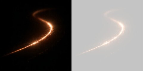 Dynamic golden light trail with sparkling dust. Curved orange glowing streak on black and transparent background. Abstract magic energy wave element © Inna