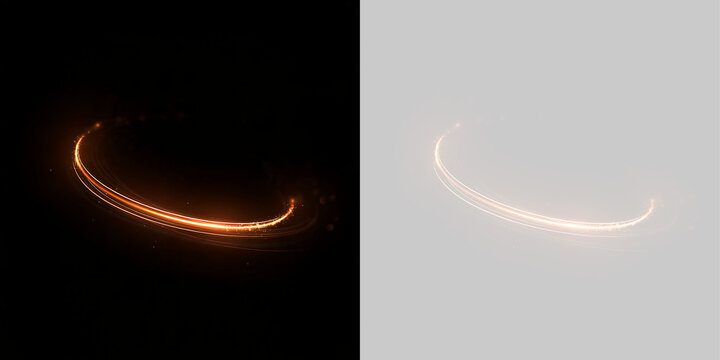 Golden glowing circular light trail with sparkles. Magic gold ring light effect on black and transparent background. Abstract design element