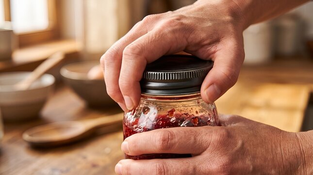 Close up of man hands opening or closing a glass jar of homemade berry jam in the kitchen
