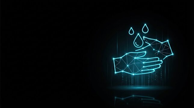 Glowing blue wireframe hands merge with digital water droplets in sleek futuristic design, perfect for AI, digital science, and high-tech innovation projects on dark backgrounds.