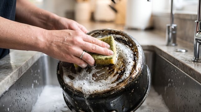Close up of woman hands scrubbing a burnt dirty pot with a sponge in the kitchen sink
