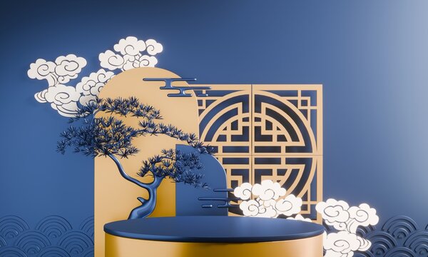Blue Chinese style background, hexagon display stand with a china decoration for present product. 3D rendering