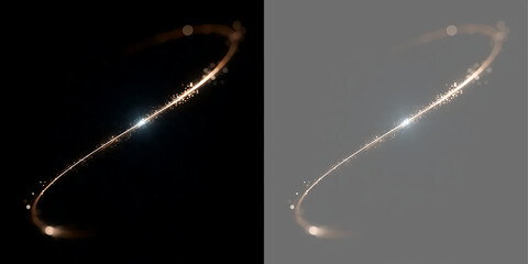 Diagonal golden light ring with sparkling particles. Elliptical magic loop on black and transparent background. Luminous design element © Inna
